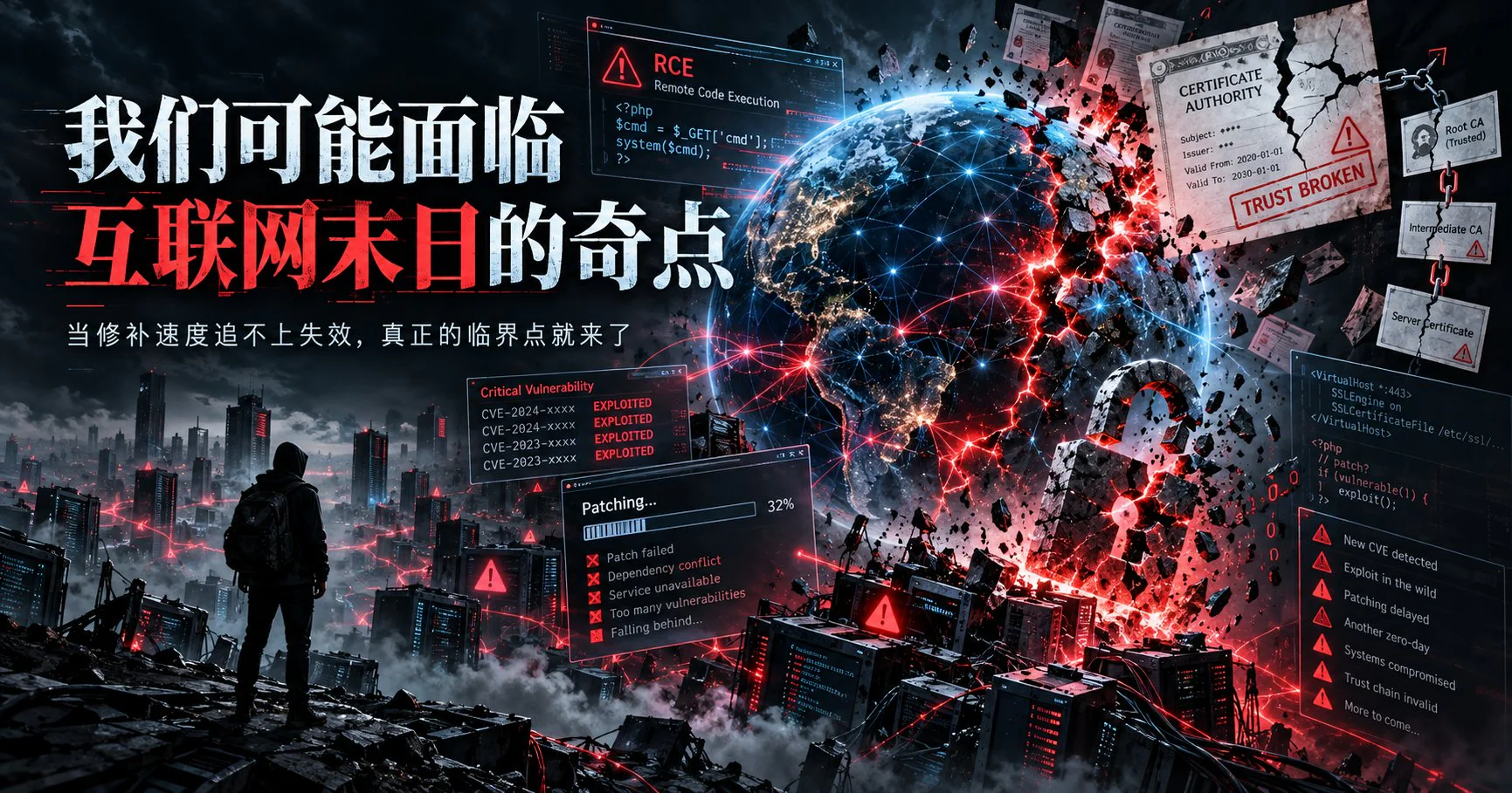 城市废墟上方的碎裂地球,屏幕上滚动着 RCE 利用代码、被划掉的 CA 证书和卡在 32% 的进度条